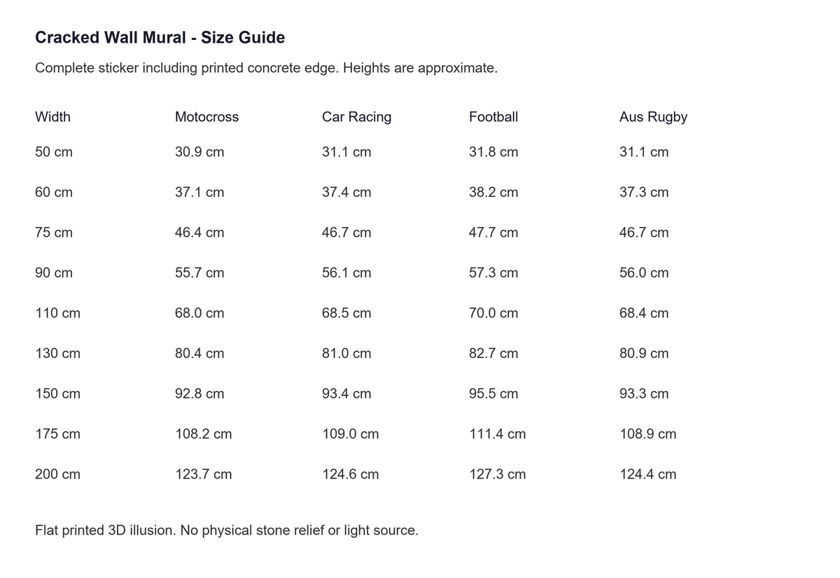 Sports cracked wall mural sticker width and approximate height guide