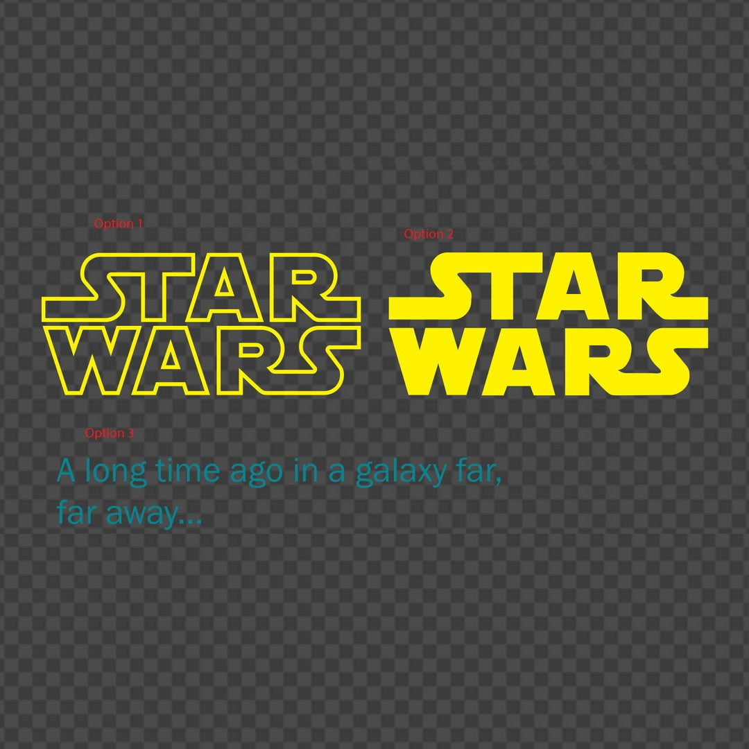 Long time ago in a galaxy decal – outline and solid yellow logo lettering plus a tagline option
