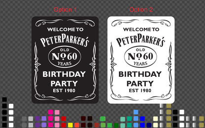 Design chart showing Option 1 (white text on a black board) and Option 2 (black text on a white board) for the personalised birthday welcome sign
