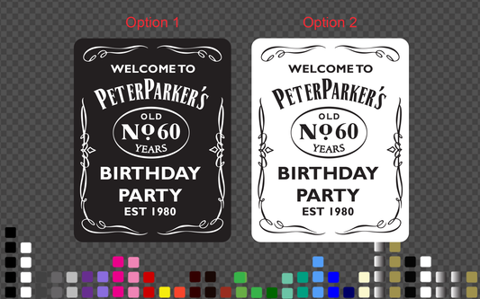 Design chart showing Option 1 (white text on a black board) and Option 2 (black text on a white board) for the personalised birthday welcome sign