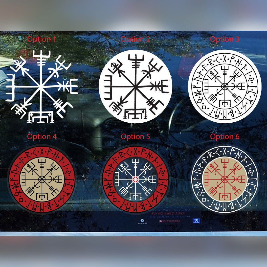 Viking Vegvisir compass decal – six rune circle design options shown over a car rear window